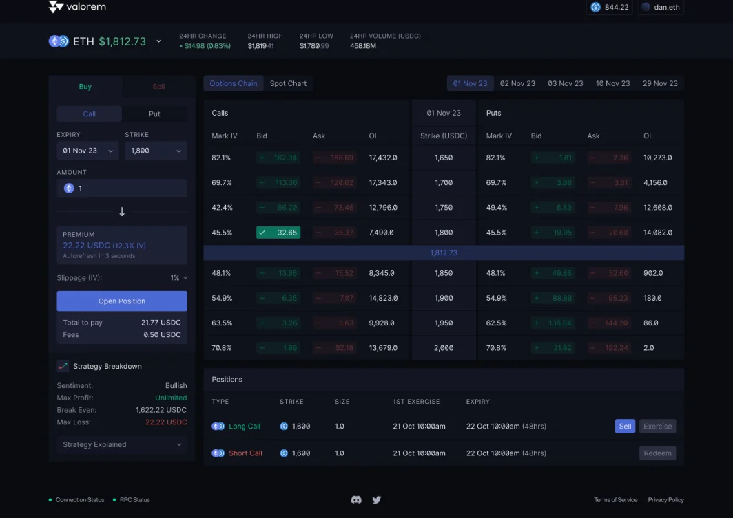 Valorem options chain and order ticket